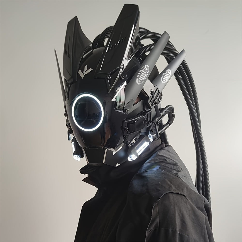 LED Cyberpunk Samurai Mask with Braids – Futuristic Sci-Fi Mechanical Face Mask for Halloween, Cosplay, Music Festival & Rave Party, Blue Green Pink, Free Helmet Included, Adult Gift