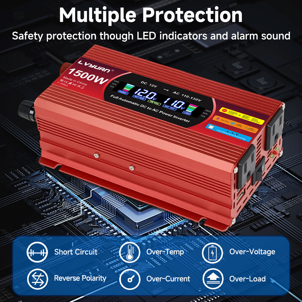 1500W (Peak) Car Power Inverter DC 12V to 110V/120V AC Converter with LCD Display Dual AC Outlets and Dual USB Car Charger for Car Home Laptop Truck Red.