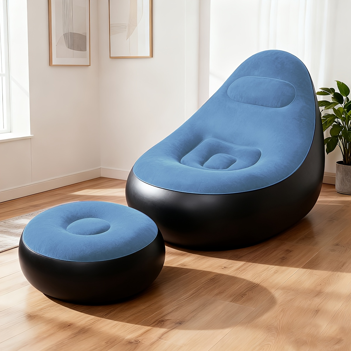 Inflatable Recliner Sofa with Footstool Set - Heavy Duty Portable Folding Air Couch with Plush Fabric & Pump Included, Space-Saving Indoor Outdoor Lounge Chair for Camping, Backyard, Living Room & Travel, 6 Colors Available