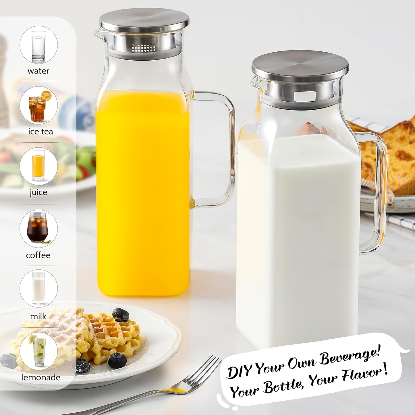 Glass Pitcher with Lid & Handle 68oz – Square Borosilicate Water Jug for Fridge | Heat Resistant Iced Tea Carafe, Cold Brew Coffee Server & Beverage Pitcher for Juice, Milk & Sangria