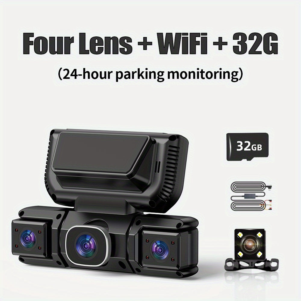 360° 3/4 Lens Dash Cam USA, 4 Channel Front/Rear/Left/Right Recording, Night Vision, 3.16" IPS Screen with Wifi, G-Sensor, Parking Mode, 32GB Card Optional/No Card