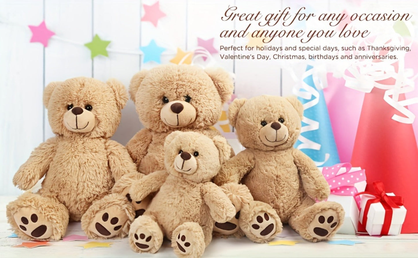 Plush Teddy Bear Stuffed Animal 10 Inch 12 Inch Soft Brown Bear Toy Huggable Cuddly Plushie Safety Eyes Birthday Christmas Easter Gift for Kids Toddlers Boys Girls