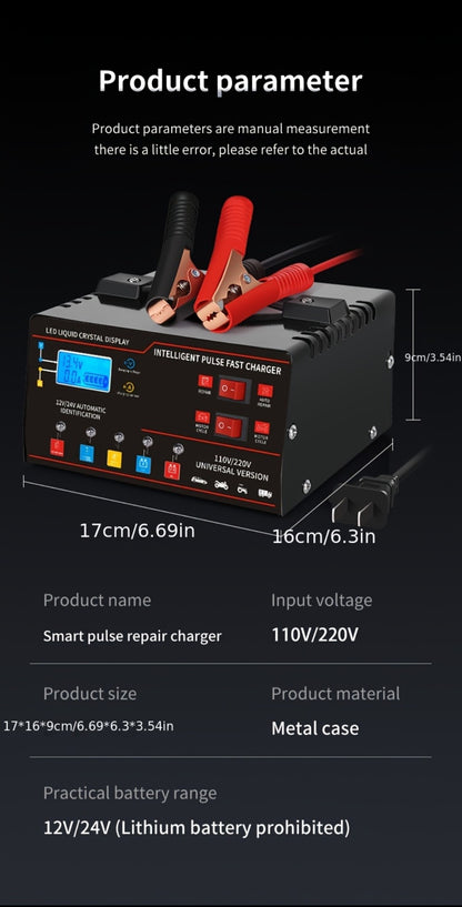 Smart Battery Charger 12V & 24V with LCD Display – Intelligent Trickle Charger, Smart Repair, Overcharge & Short Circuit Protection for Cars SUVs Trucks Motorcycles Yachts