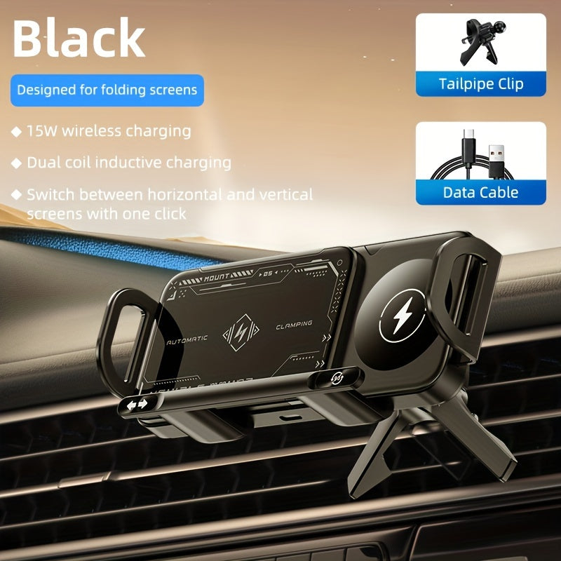 2025 New Car Holder Folding Screen Mobile Phone/tablet Holder 15W Wireless Fast Charging Two-in-one Automatic Rotating Magnetic Mobile Phone Holder Car Air Outlet Holder Suitable for Folding Screen Hands Samsung Galaxy ZFold6/5/4/3 Galaxy ZFold/notes