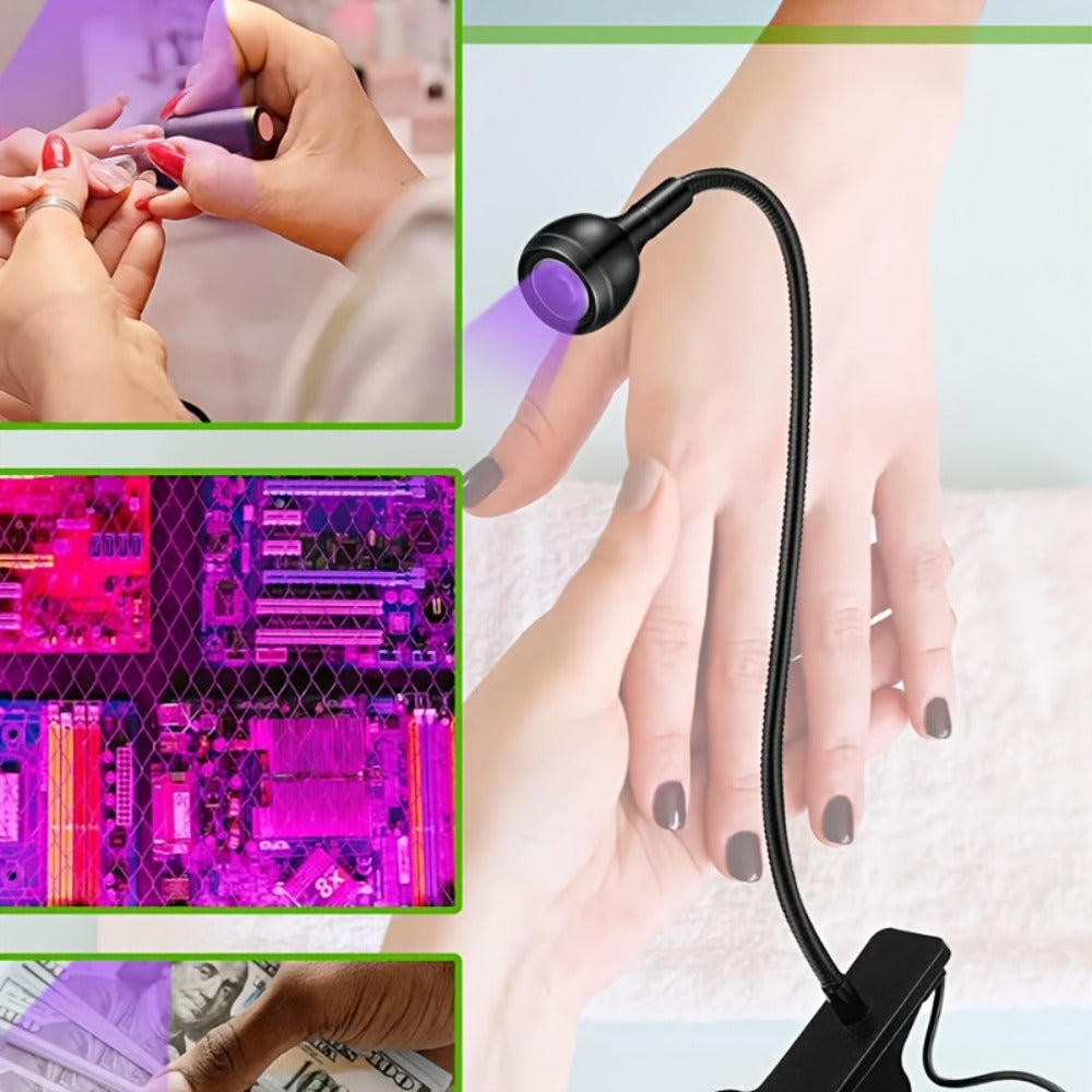 LED Nail Lamp Clip-On Hands-Free with Flexible Metal Tube & Multi-Color Lighting – UV Gel Nail Dryer for Manicure Pedicure Home DIY Nail Art Includes 10pc Nail Glue Gift for Women