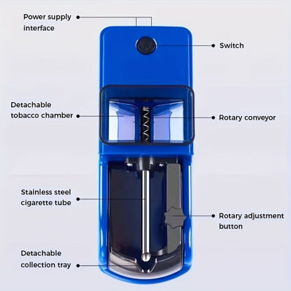 Electric Cigarette Rolling Machine USB Rechargeable Automatic Cigarette Roller 2-Second Rapid Roll High Power Motor Stainless Steel Durable Portable Tobacco Injector Black Blue