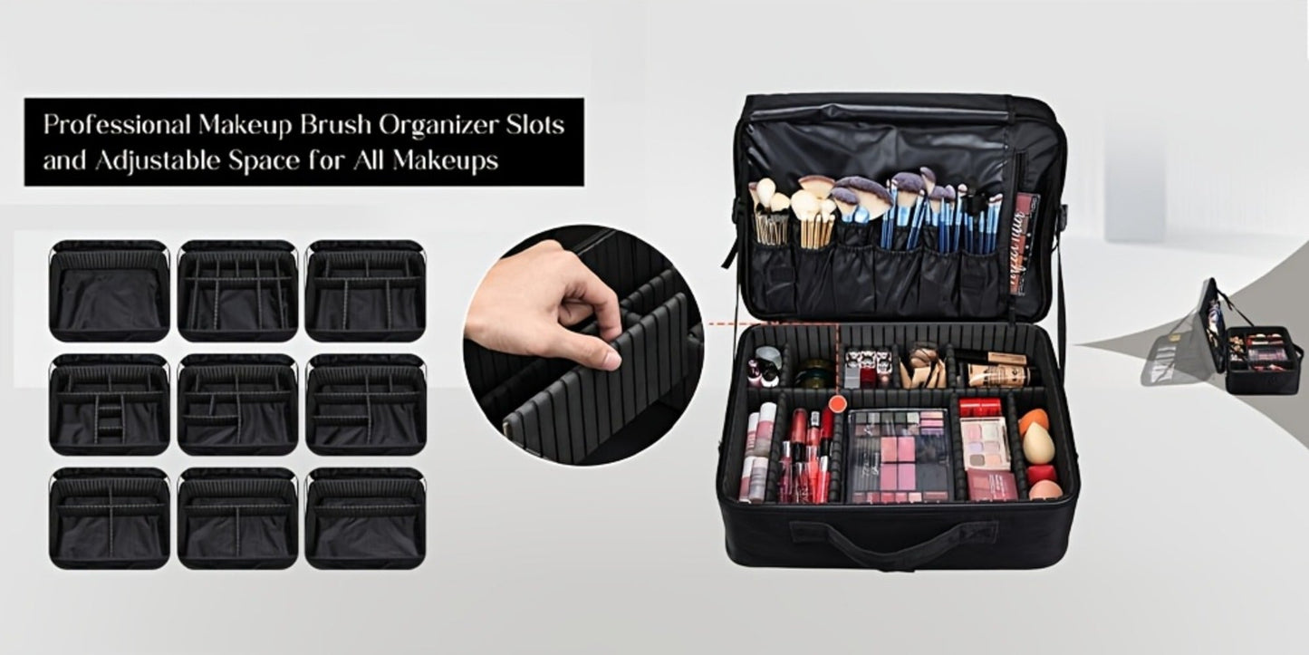 Professional Makeup Train Case 3-Layer 15.8 Inch Large Cosmetic Organizer with Adjustable Dividers Brush Holder Shoulder Strap for Makeup Artist Travel Studio Black