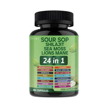 Soursop Capsules 24-in-1 with Sea Moss, Shilajit, Lion's Mane, Black Seed Oil, Chlorophyll & Turmeric – Immune & Liver Health Daily Wellness Supplement for Women & Men