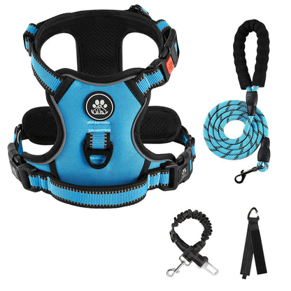 No Pull Dog Harness Set with Collar, Leash & Retractable Seatbelt – Reflective Adjustable Breathable Vest for Small to Large Dogs