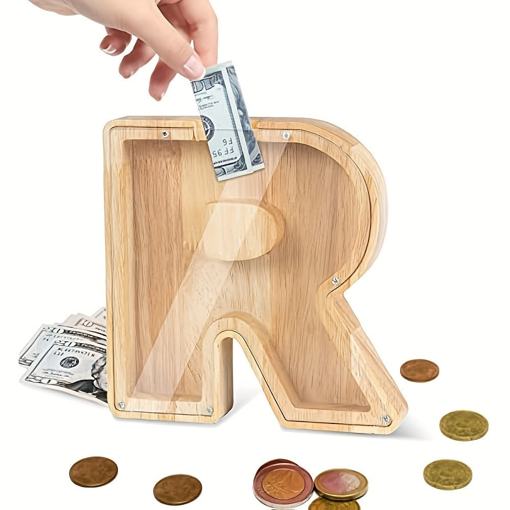 Personalized Wooden Piggy Bank for Kids – A-Z Alphabet Letter Initial Coin & Bill Savings Bank for Boys & Girls, Toddlers to Big Kids | Birthday Christmas Baby Shower Gift | Financial Literacy Toy & Room Decor