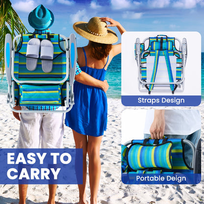 Folding Beach Chair Lay Flat Camping Chair for Adults 4 Position Adjustable Backpack Chair with Cup Holder Towel Bar Cooler Pouch Lightweight Portable Outdoor Lounge Chair
