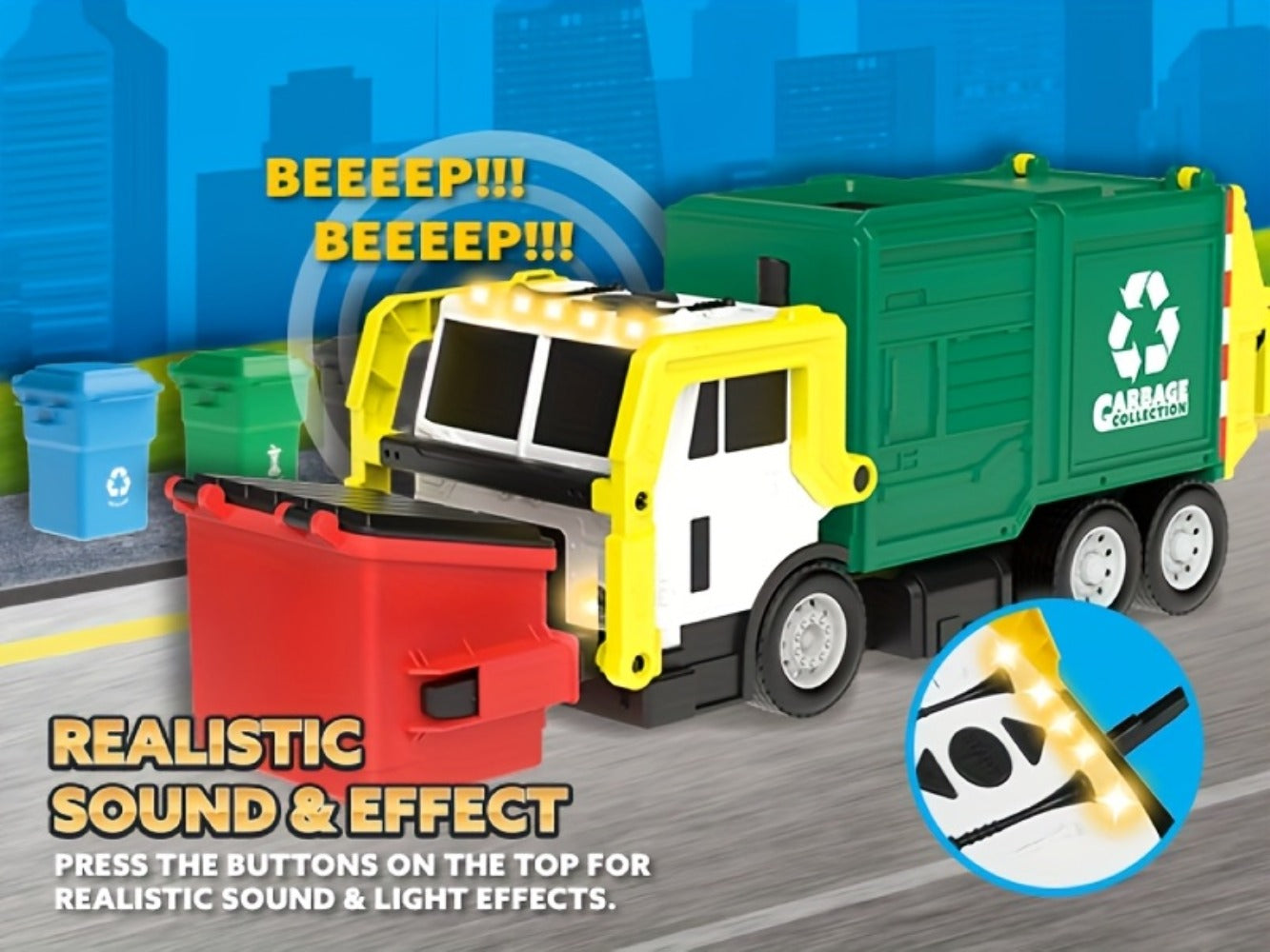 Garbage Truck Toy Set 16-Inch Large Friction-Powered with Lights & Sounds, Color-Coded Trash Bins, Garbage Sorting Learning Cards – Educational Gift for Boys & Girls Ages 3+