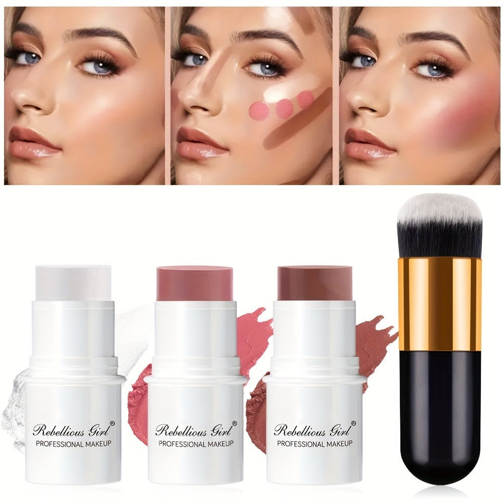 Contour Highlight Blush Stick Set 4-Piece with Professional Brush | Creamy Waterproof Cheek Sculpting Kit | Highlighter + Blush + Bronzer Sticks | Matte & Luminous Finish for All Skin Tones