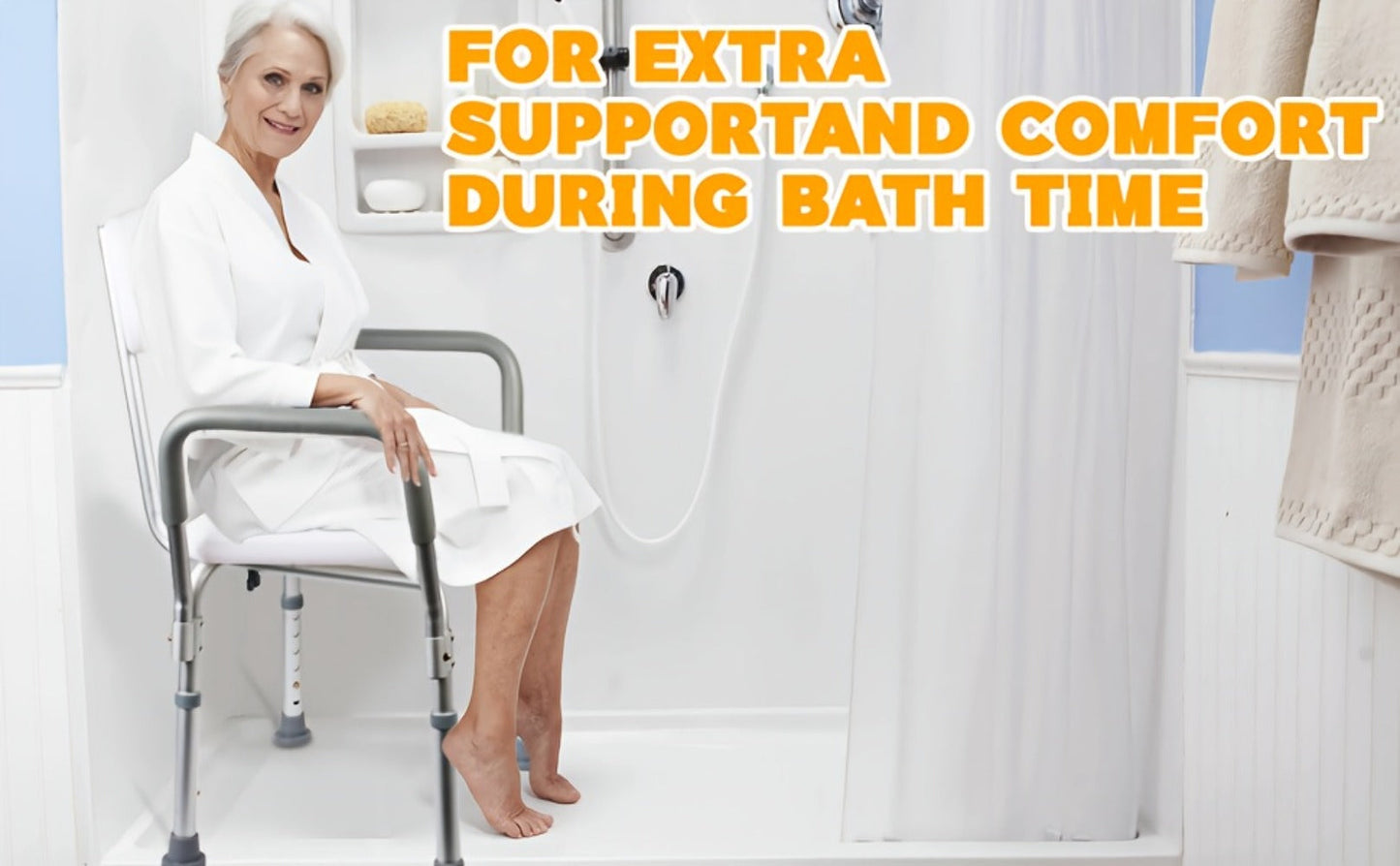 Shower Chair with Armrests & Backrest – Height Adjustable Aluminum Bath Seat, 350 LBS Capacity, Non-Slip Rubber Feet, Cushioned Support for Elderly, Disabled & Post-Surgery, Fits Most Showers & Tubs