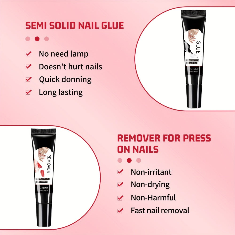 Press-On Nail Glue & Remover Kit 4pcs - 2x Semi-Solid Gel Nail Glue 10g + 2x Nail Polish Remover 10ml, Quick-Drying No-Lamp Strong Bond Adhesive for Fake, Acrylic & DIY Nails, Women Manicure Set