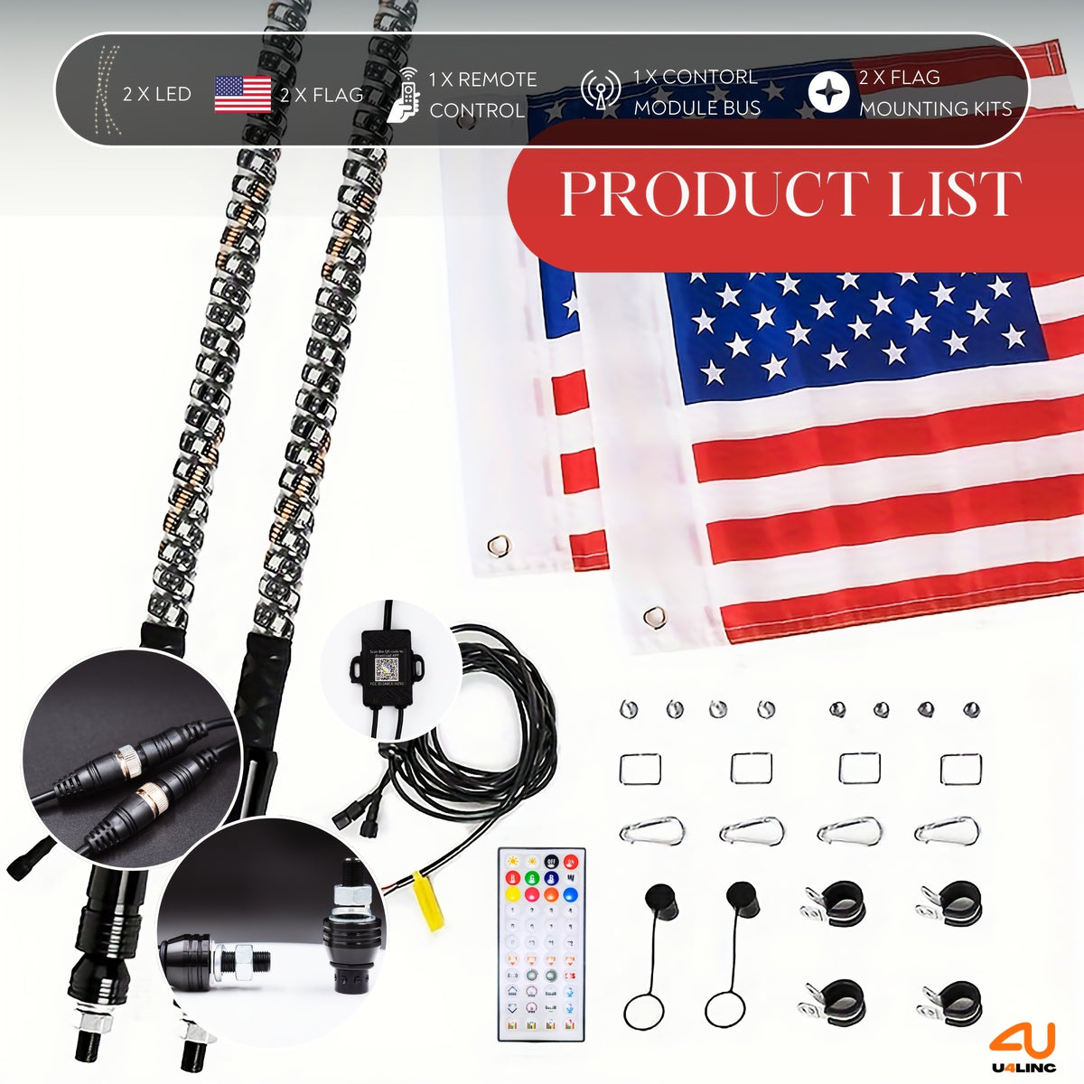 1 Pair (2pcs) 1ft/2ft/3ft/4ft Brighter RGB LED Whip Lights Flag Pole Remote And APP Control Color Changing Lamp Spiral RGB Music Chasing/Dancing Neon Light Whips for UTV ATV RZR SXS Side By Side Dune Buggy Offroad Truck (w/o Spring Base)