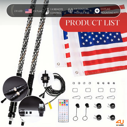 1 Pair (2pcs) 1ft/2ft/3ft/4ft Brighter RGB LED Whip Lights Flag Pole Remote And APP Control Color Changing Lamp Spiral RGB Music Chasing/Dancing Neon Light Whips for UTV ATV RZR SXS Side By Side Dune Buggy Offroad Truck (w/o Spring Base)