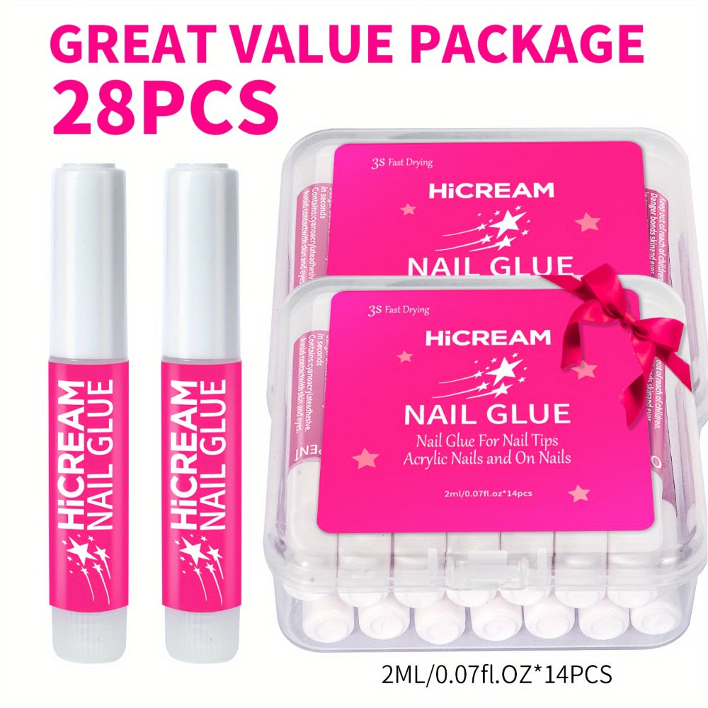 Nail Glue Set for Press On Nails Water Resistant Unscented Brush On Liquid Adhesive DIY Nail Art Enhancement Gel Formula Multi-Pack 14pcs 28pcs