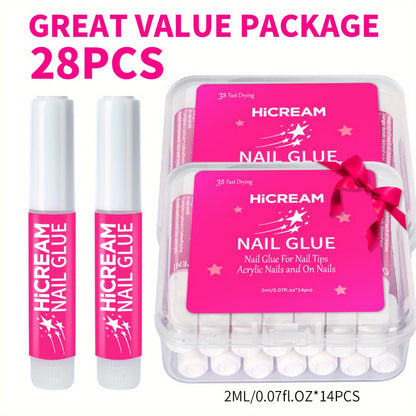 Nail Glue Set for Press On Nails Water Resistant Unscented Brush On Liquid Adhesive DIY Nail Art Enhancement Gel Formula Multi-Pack 14pcs 28pcs