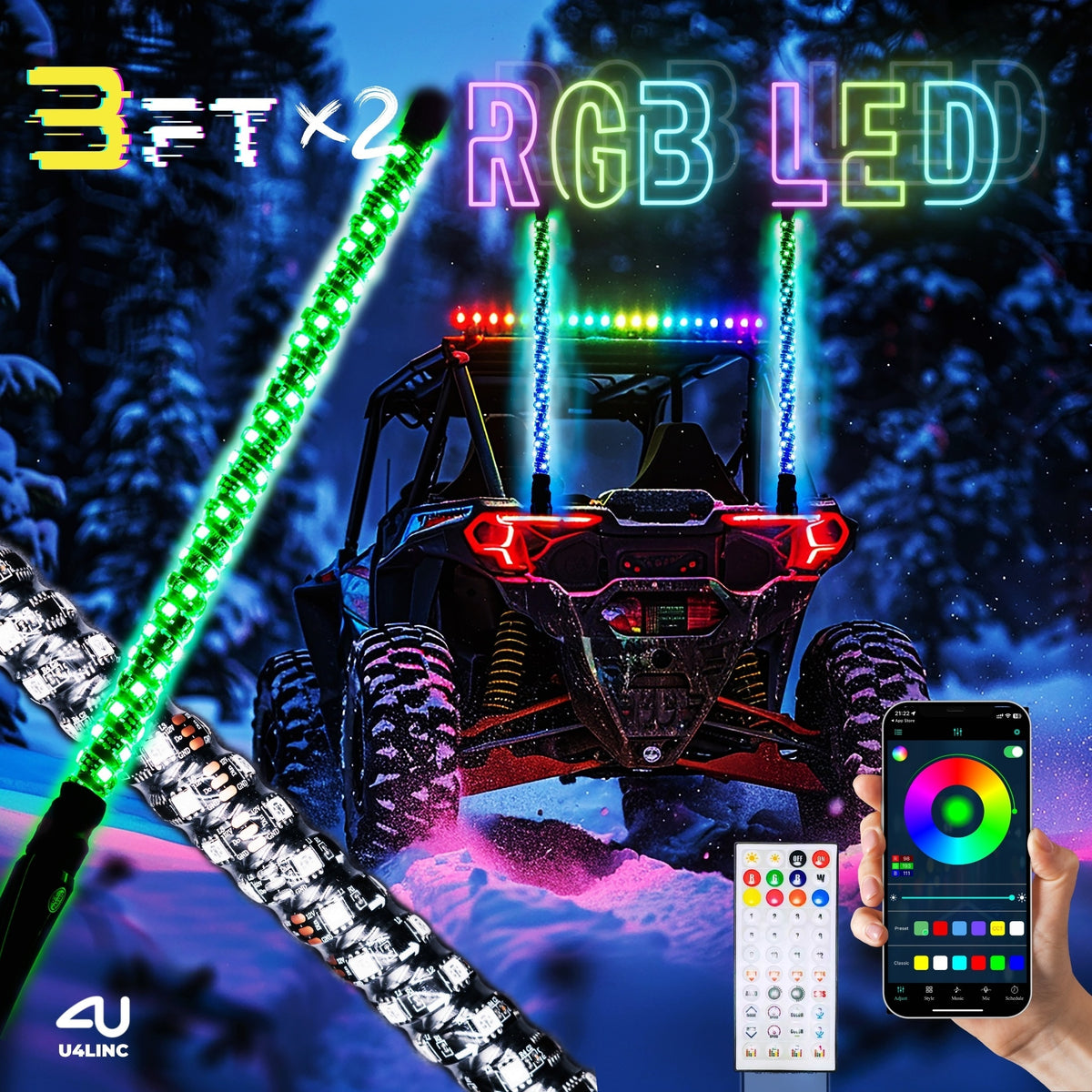 1 Pair (2pcs) 1ft/2ft/3ft/4ft Brighter RGB LED Whip Lights Flag Pole Remote And APP Control Color Changing Lamp Spiral RGB Music Chasing/Dancing Neon Light Whips for UTV ATV RZR SXS Side By Side Dune Buggy Offroad Truck (w/o Spring Base)