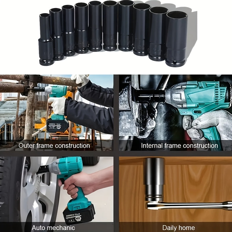 10-20pcs 1/2 "drive Metric Deep Impact Socket Set, Cr-V Steel Metric Tool Set 8mm-32mm, Chrome Vanadium Steel Electric Wrench Extended Hexagonal Socket Set, Universal Combined Socket Head, Automobile Maintenance Tool Set.