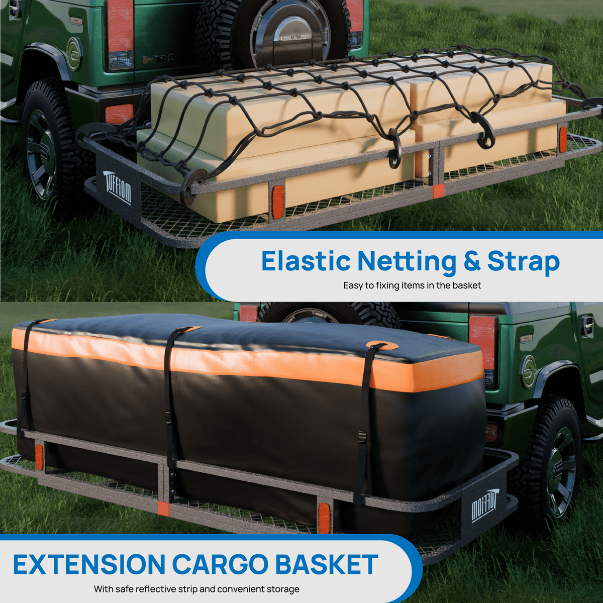 60" L x 20/24" W x 6" H Hitch Mount Cargo Carrier Folding Rack, 500lbs Heavy Duty Trailer Steel Luggage Basket with Waterproof Cargo Bag, Straps, Net & Stabilizer for Camping Travel