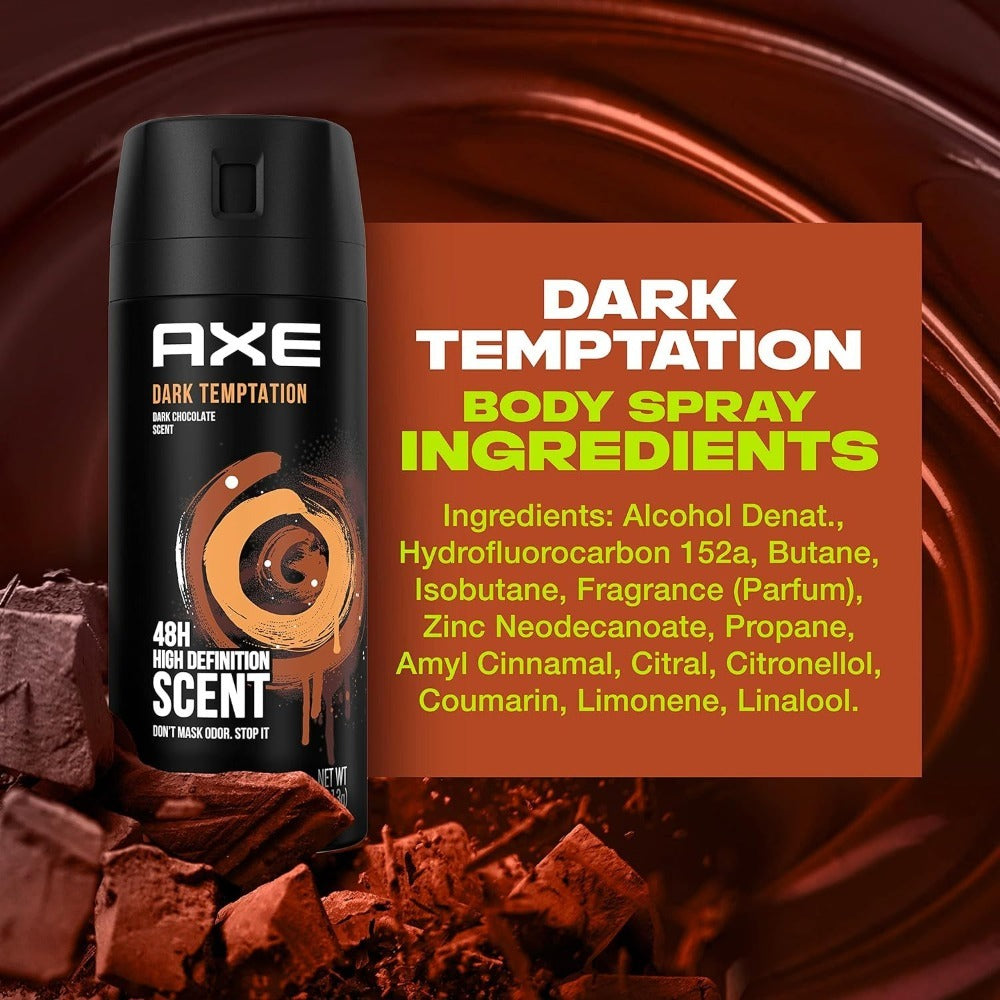 Men's Body Spray Deodorant Axe Dark Temptation, Dark Chocolate Fragrance Long-Lasting Odor Protection Aluminum-Free Body Spray for Men, 5.1oz 150ml per Bottle – Available in 3 Pack & 6 Pack