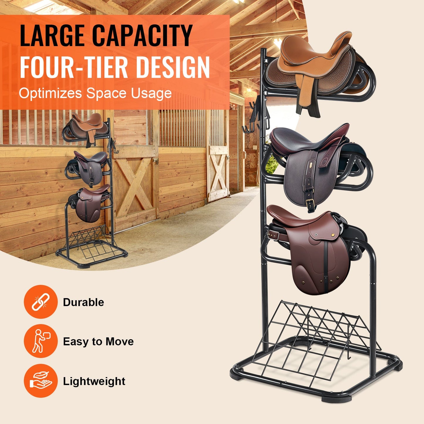 Saddle Rack Freestanding 3-Tier – VEVOR Rotating Heavy-Duty Carbon Steel Saddle Stand for English & Western Saddles | Multi-Layer Tack Storage, Rust-Resistant, Easy Assembly, Black
