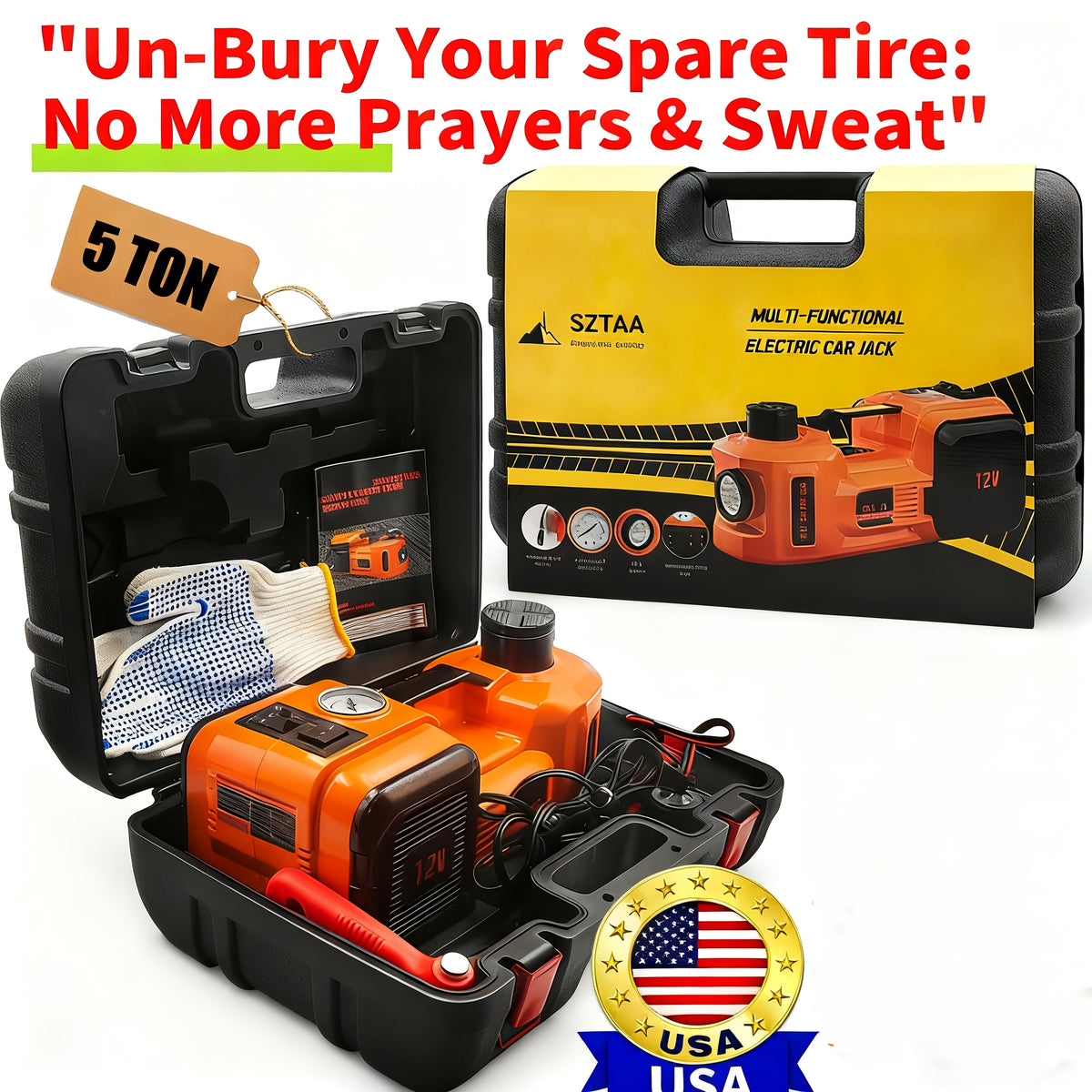 Car Jack Hydraulic Jack - 5 Tons Electric Car Jack Stand 3-in-1 Car Jack Kit for Car SUV Car Lift Floor Jack for Tire Change And Road Emergencies with Integrated Tire Pump (orange)
