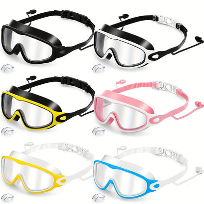 Anti-Fog Pool Goggles Set of 6 – Wide View No-Leak Swim Goggles with Earplugs & Nose Clip for Adults & Kids, 6-Pack Swim Mask