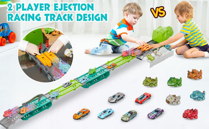 Dinosaur Truck Toys 13-in-1 Transport Carrier with 63-Inch Foldable Race Track | 6 Dino Cars + 6 Die-Cast Cars | 2-Player Racing Mode | Kids Birthday Christmas Gift
