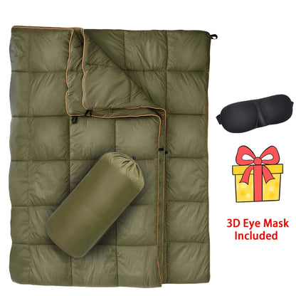 Puffy Camping Blanket Foldable Lightweight Water Resistant with 3D Eye Mask - DWR Coated Outdoor Blanket for Camping, Hiking, Travel, Beach, Stadium & Car, Warm Packable Throw in 4 Colors, 55" x 78"
