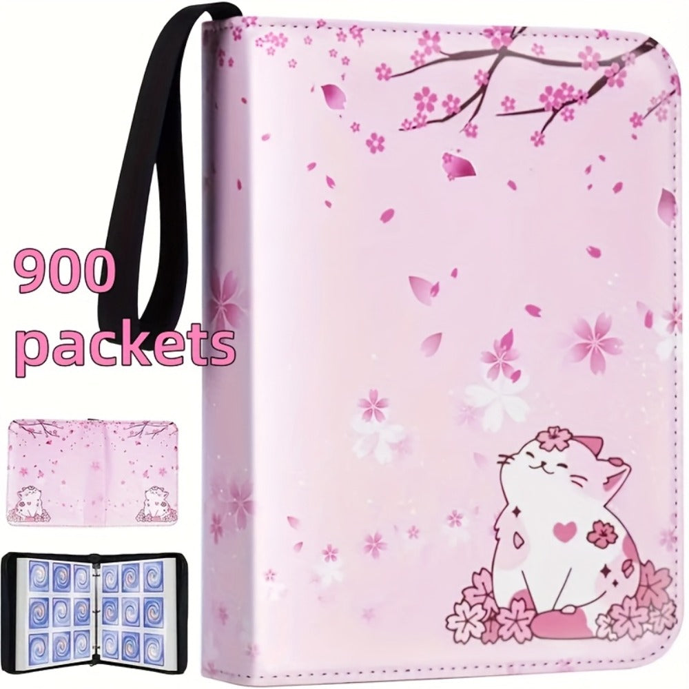 Trading Card Binder Album 900 Pockets Zippered – Premium PU Leather Collector's Album with Pink Cherry Blossom & Cat Design, Waterproof Card Storage for Pokemon, Sports & K-Pop Cards