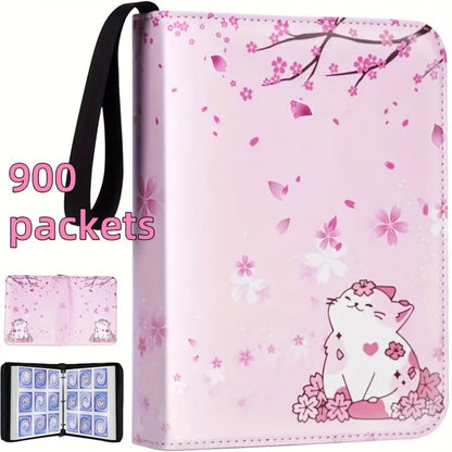 Trading Card Binder Album 900 Pockets Zippered – Premium PU Leather Collector's Album with Pink Cherry Blossom & Cat Design, Waterproof Card Storage for Pokemon, Sports & K-Pop Cards