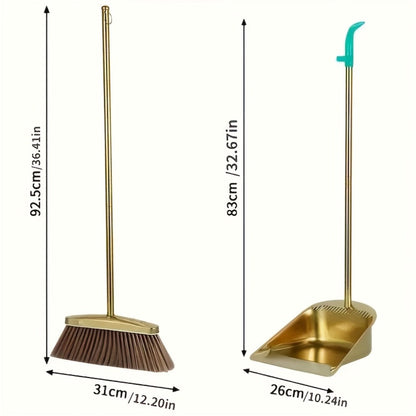 Broom and Dustpan Set Premium Golden Stainless Steel Extra Long Handle Microfiber Bristles V-Shape Leakproof Dustpan Heavy Duty Indoor Outdoor Sweeper for Kitchen Patio Hardwood Tile Floor