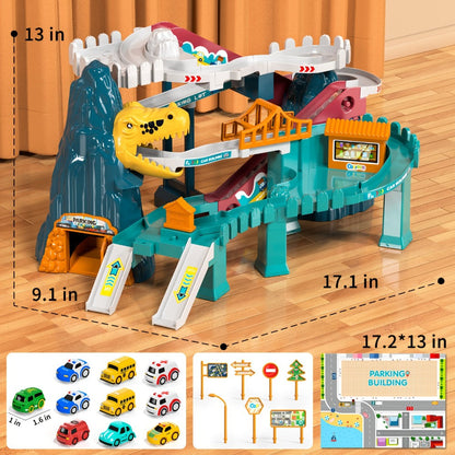 Dinosaur Race Track Toy Set for Kids with 10 Mini Cars & Ramp Launcher – Multi-Level Dino Car Racing Playset for Boys Girls Toddlers Ages 3-8 Birthday Christmas Gift
