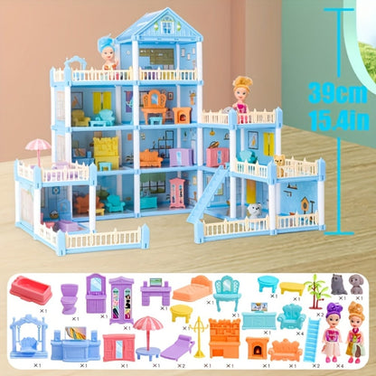 Princess Doll House Castle with Furniture & Accessories – Pink or Blue Mini Villa Playset 14 to 27 Rooms, Imaginative Play Logical Thinking Toy for Girls Ages 3+ Birthday Christmas Gift