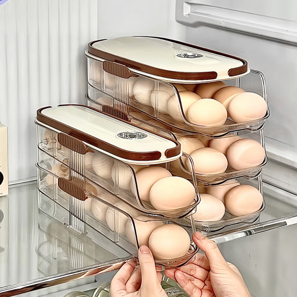 Egg Organizer for Refrigerator, Multi-Layer Auto-Rolling Egg Rack with Large Capacity – Space-Saving Egg Storage Dispenser for Fridge, Cabinet & Countertop, Ideal for Busy Families