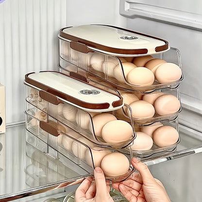 Egg Organizer for Refrigerator, Multi-Layer Auto-Rolling Egg Rack with Large Capacity – Space-Saving Egg Storage Dispenser for Fridge, Cabinet & Countertop, Ideal for Busy Families