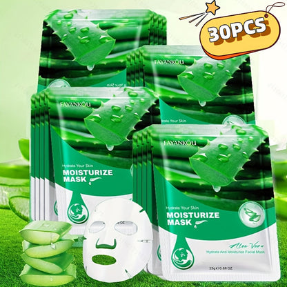 Aloe Vera Sheet Mask 30pcs Moisturizing Deep Hydration with Glycerin — Non-Greasy Soothing Face Mask for All Skin Types Spring Summer Skincare Gift for Women