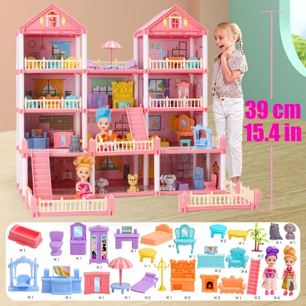 Princess Doll House Castle with Furniture & Accessories – Pink or Blue Mini Villa Playset 14 to 27 Rooms, Imaginative Play Logical Thinking Toy for Girls Ages 3+ Birthday Christmas Gift