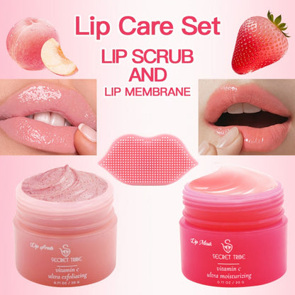 Lip Care Set 3pcs – Lip Mask, Lip Scrub Balm & Lip Brush Kit with Natural Ingredients for Deep Hydration, Exfoliation & Lip Color Enhancement, Strawberry & Peach Scent Gift for Women