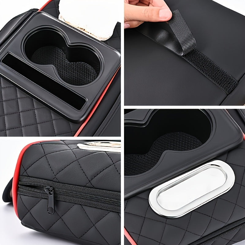 Universal Car Armrest Box Cover, PU Leather Center Console Mat with 2 Side Pockets + 2 Cup Holders, Multi-Functional Storage for Phone/Water Bottle/Cards, Fits Most Car Models, Tissue Box Replacement 3pcs Set-1