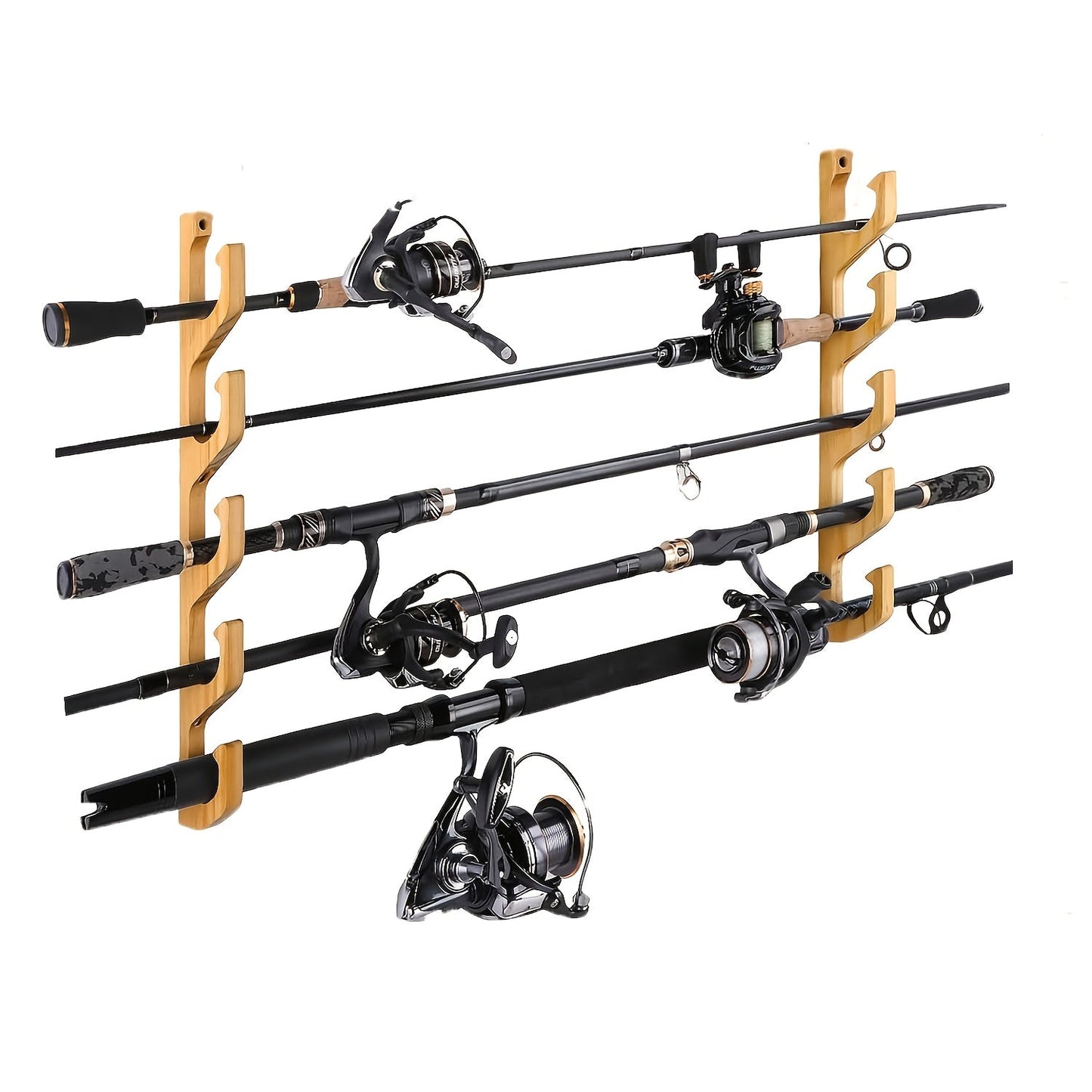 Wall-Mounted Wooden Fishing Rod Rack – 5-Hole Horizontal Rod Holder for Garage, Ceiling & Wall | Solid Wood Fishing Pole Storage Bracket for 5, 10 or 20 Rods | Father's Day Gift for Fishermen & Anglers
