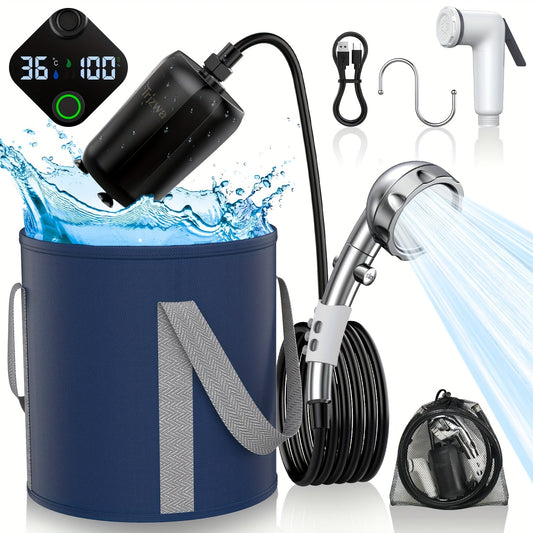 Portable Camping Shower with 9000mAh Battery – Smart Digital Display, Foldable Bucket Included, Compact Lightweight Outdoor Shower Pump for Camping, Hiking, Pet Cleaning, Car Washing & Beach Use