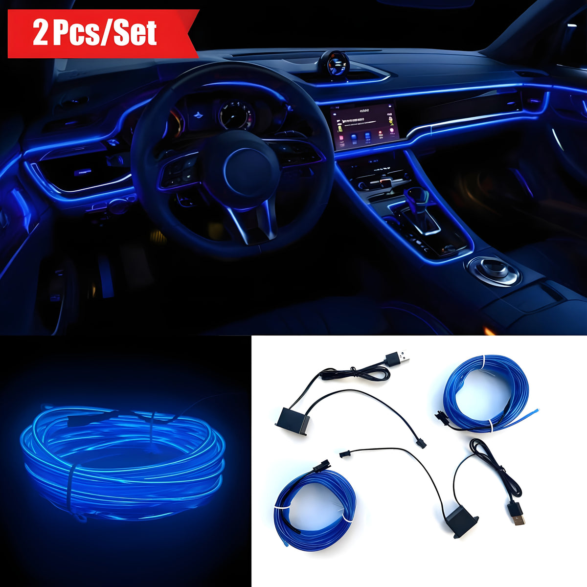 2pcs/Set16ft 5V USB Auto Neon Light Strip, EL Wire Car Interior LED Strips Lights, Electroluminescent Vehicle Interior Ambient Lighting Decor Accessories, Universal for RV, SUV, Truck Car
