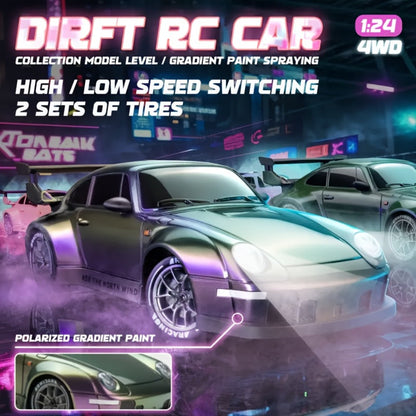Alloy RC Drift Car 1:24 Scale 4WD 28KM/H with Drift Tires LED Lights Barricades & 2 Batteries – BSJ Crash-Resistant Remote Control Racing Car for Boys Girls Ages 6+ Birthday Christmas Gift Black Yellow
