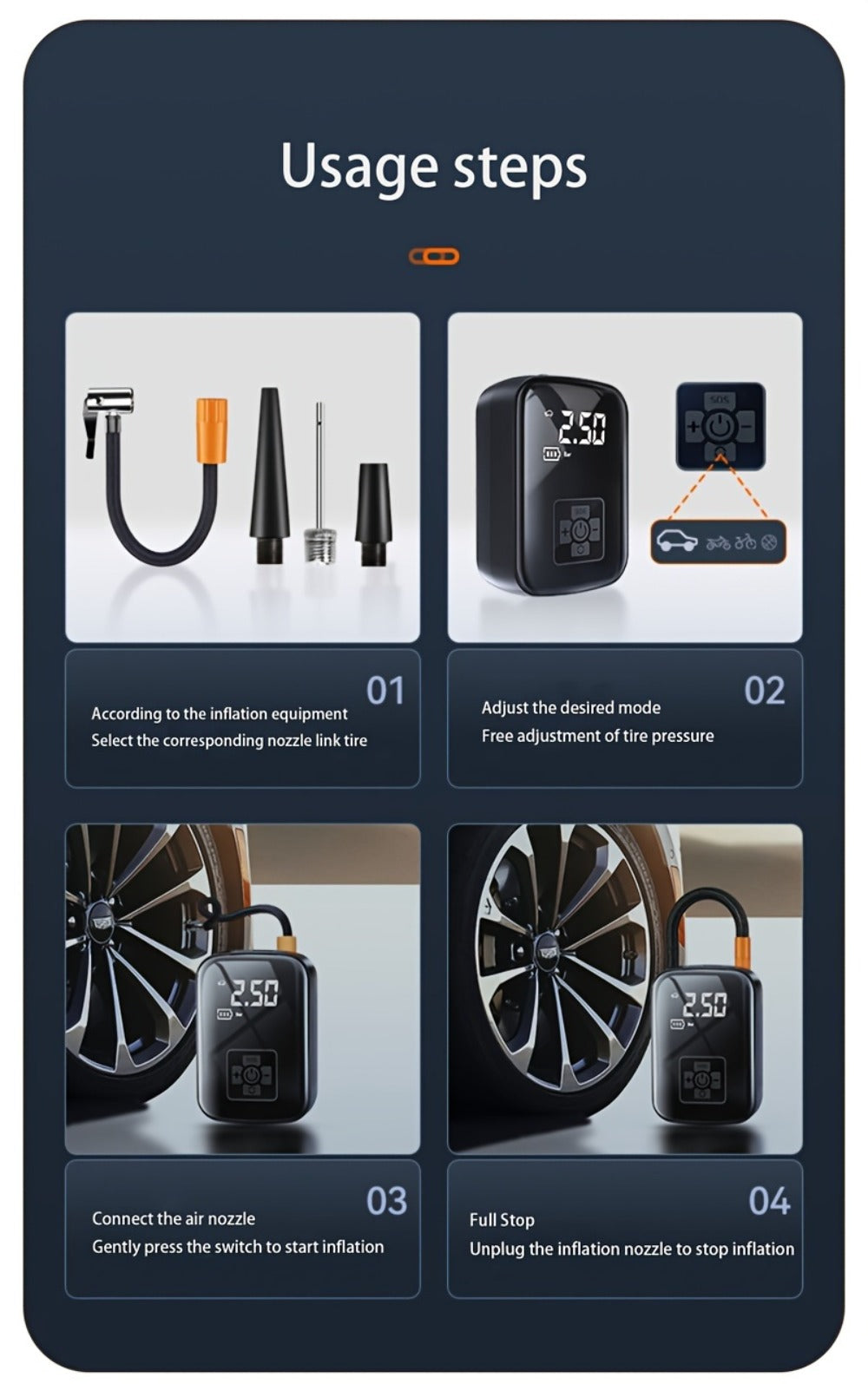 Portable Tire Inflator Air Compressor 150PSI 100W Cordless 4000mAh Digital Display 5 Modes USB-C Fast Charge for Car Motorcycle Bicycle Ball Auto Shut-Off Yellow Blue Black Silver