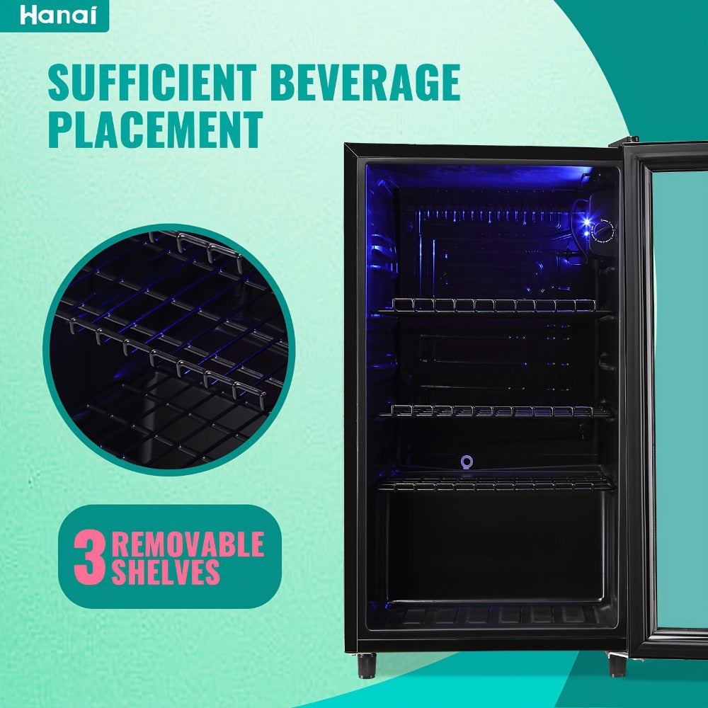 Beverage Refrigerator with Glass Door, Mini Drink Cooler Fridge with Blue LED Light, 3 Adjustable Shelves & R600a Compressor – 1.7 or 3.5 Cu Ft Freestanding Bar Fridge for Home, Office, Dorm and Bar