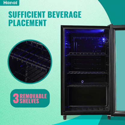 Beverage Refrigerator with Glass Door, Mini Drink Cooler Fridge with Blue LED Light, 3 Adjustable Shelves & R600a Compressor – 1.7 or 3.5 Cu Ft Freestanding Bar Fridge for Home, Office, Dorm and Bar